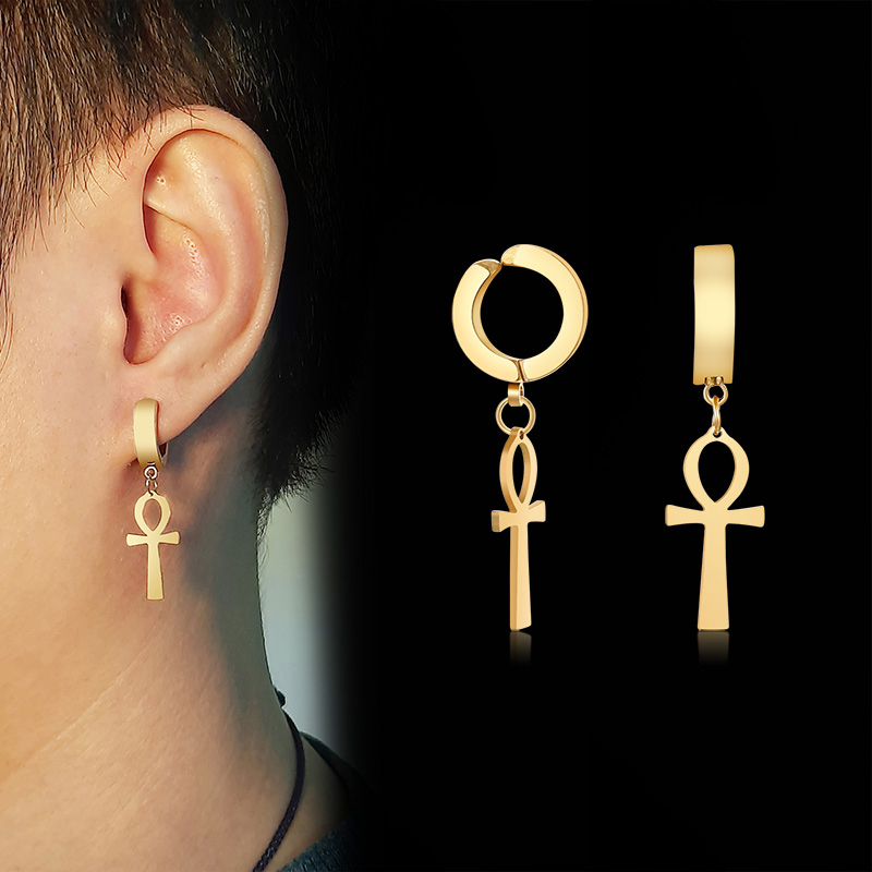 Men Fashion Egypt - Gold Color Ankh Cross Earrings Men